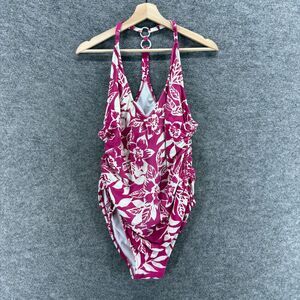 Kona Sol Swimsuit Women XL Purple Floral V-Neck Push Up Sleeveless One Piece